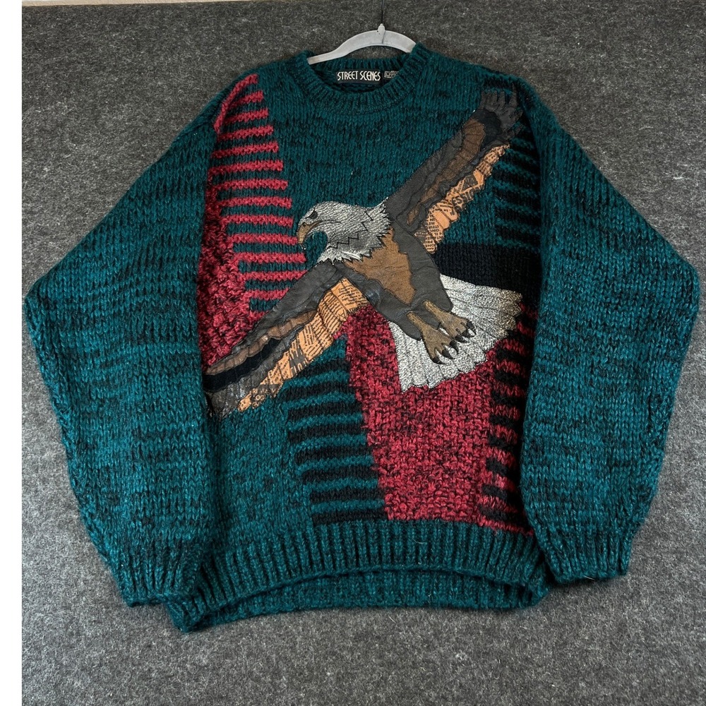 Vintage Eagle Leather Patch Sweater Mens Large Teal Street Scenes Chunky Knit